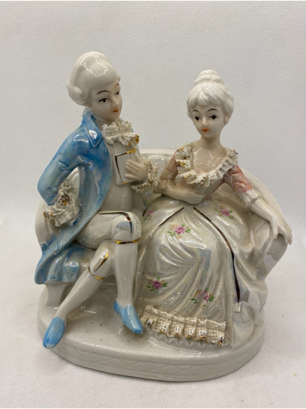 Porcelain Victorian Couple Figurine in Pastel Blue and Cream